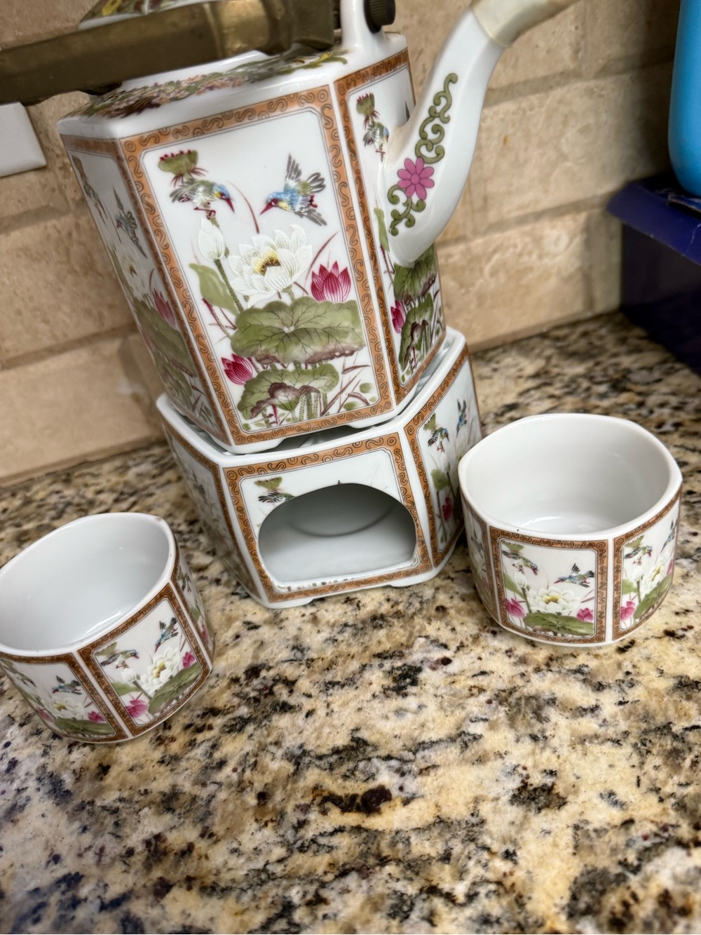 Rectangular Porcelain Tea Set with Floral & Bird Motifs